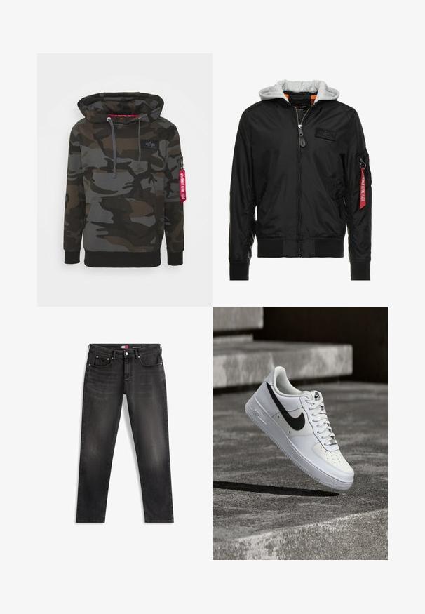 Sort bomberjakke med grå hætte, lynlås foran, ribbede manchetter og kant, samt en sidelomme med et rødt "Remove Before Flight" mærke.; Camo hoodie i nuancer af mørkegrøn og grå, med en front kangaroo-lomme, hætte med snor og en lynlåslomme med et rødt mærke.; Slim-fit sorte denim jeans med forlommer, bæltestropper og knappelukning, med diskret falmet detalje og et lille mærketag.; Hvid Nike Air Force 1-sneaker med sort swoosh, snørebånd bundet, placeret i luften over tekstureret betonoverflade udendørs.