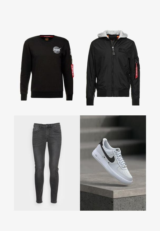 Schwarze Bomberjacke mit grauer Kapuze, Reißverschluss vorne, gerippten Bündchen und Saum sowie einer Seitentasche mit einem roten "Remove Before Flight"-Tag.; Alpha Industries NASA - Sweatshirt - schwarz; Schmal geschnittene schwarze Jeans mit glatter Textur, ausgestattet mit klassischem Fünf-Taschen-Design und sanften Ausbleichungen an der Vorderseite.; Weißer Nike Air Force 1 Sneaker mit schwarzem Swoosh-Logo, der über einer Betonvorsprung mit unscharfen Treppen im Hintergrund schwebt.