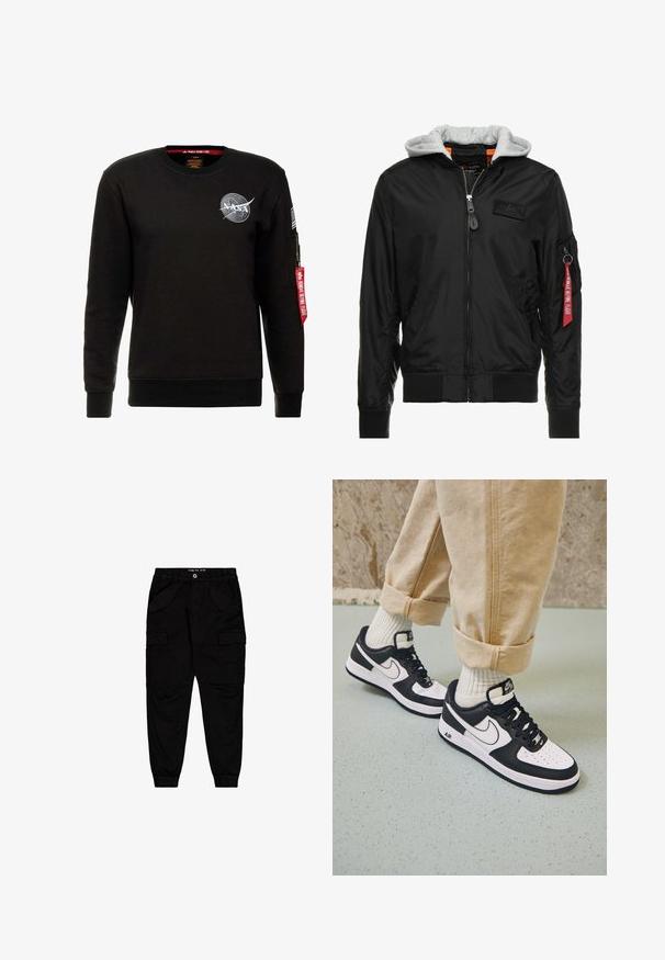 Sort bomberjakke med grå hætte, lynlås foran, ribbede manchetter og kant, samt en sidelomme med et rødt "Remove Before Flight" mærke.; Alpha Industries NASA - Sweatshirt - schwarz; Sorte cargobukser lavet af bomuld, med to forlommer og to side cargolommer, samt elastiske manchetter og talje.; Sorte og hvide Nike Air Force 1 sneakers med læderoverdel, perforeret tå og tekstureret såldetalje, båret med rullede beige bukser og hvide sokker.