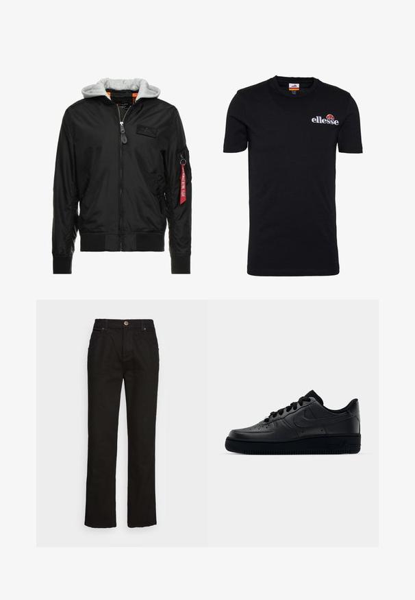Schwarze Bomberjacke mit grauer Kapuze, Reißverschluss vorne, gerippten Bündchen und Saum sowie einer Seitentasche mit einem roten "Remove Before Flight"-Tag.; Schwarzes Kurzarm-T-Shirt aus Baumwolle. Verfügt über einen runden Halsausschnitt und ein gesticktes "ellesse"-Logo mit roten und orangefarbenen Akzenten.; Schwarze Jeans im geraden Schnitt aus Denim mit Knopfverschluss, Gürtelschlaufen und vorderen Taschen. Der Stoff hat eine glatte Oberfläche und minimale Nähte.; Schwarzer Nike Air Force 1 Schuh mit einem glatten Lederoberteil, perforierter Zehenpartie für Atmungsaktivität, schwarzen Schnürsenkeln und einer strukturierten Gummisohle.
