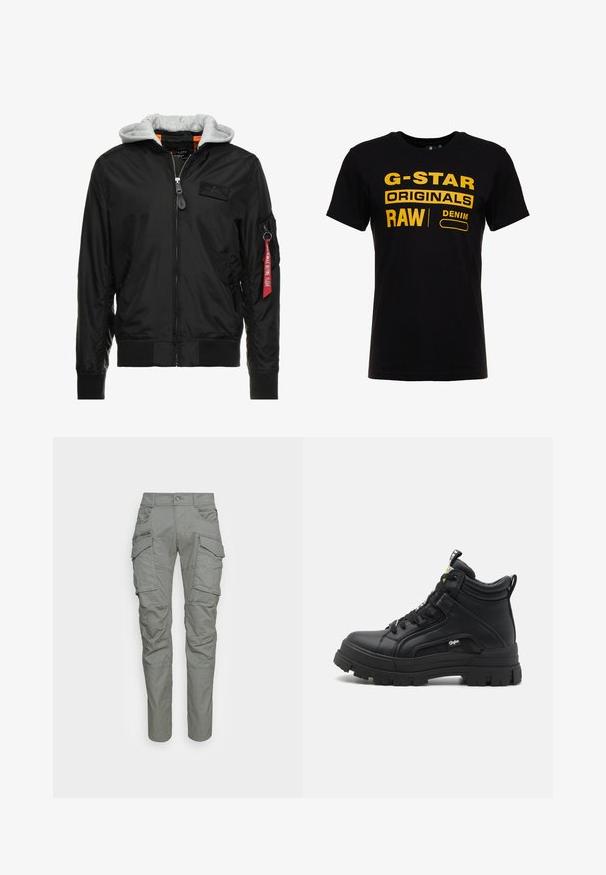 Sort bomberjakke med grå hætte, lynlås foran, ribbede manchetter og kant, samt en sidelomme med et rødt "Remove Before Flight" mærke.; Sort bomulds T-shirt med fed gul trykt tekst: "G-STAR ORIGINALS RAW DENIM." Crew neck og design med korte ærmer.; Grå cargo bukser med flere sidelommer, knaplukning og lige ben. Fremstillet af holdbart stof med en tekstureret overflade.; Sorte sneakers støvler lavet af tekstureret læder, med en tyk gummisål, snørebånd foran og en lille logo detalje på siden.