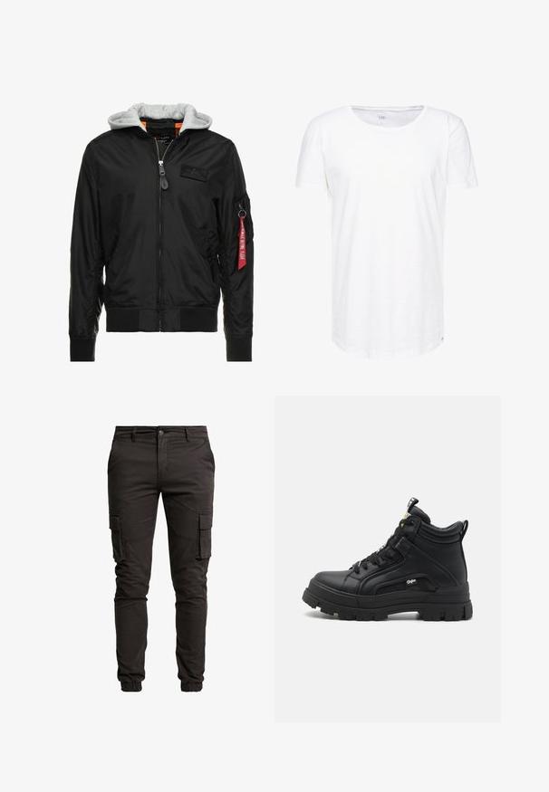 Sort bomberjakke med grå hætte, lynlås foran, ribbede manchetter og kant, samt en sidelomme med et rødt "Remove Before Flight" mærke.; Hvid, kortærmet t-shirt lavet af blødt bomuldsstof. Har en rund halsudskæring og en afslappet pasform med en diskret mærkeetiket på kanten.; Sorte cargo bukser lavet af en blanding af bomuld, med sidelommer, elastiske manchetter, knaplukning og en glat, mat overflade.; Sorte sneakers støvler lavet af tekstureret læder, med en tyk gummisål, snørebånd foran og en lille logo detalje på siden.