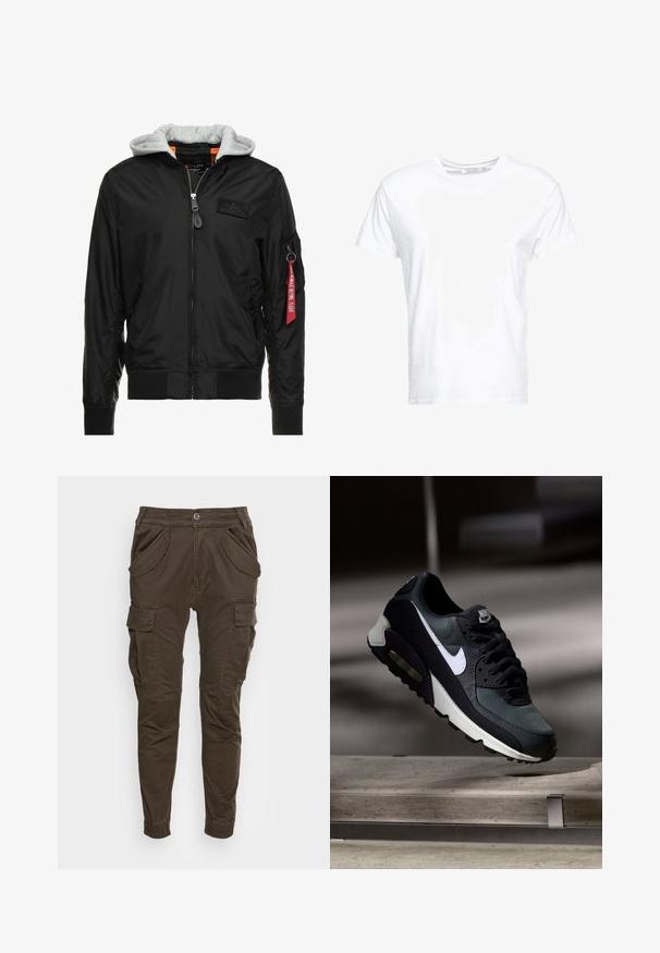 Zwarte bomberjack met een grijze capuchon, ritssluiting aan de voorkant, geribde manchetten en zoom, en een zijzak met een rode "Verwijder voor vertrek" label.; Witte katoenen t-shirt met een ronde hals en korte mouwen, in een klassiek model met een gladde textuur. Geen patronen of hardware zichtbaar.; Bruine cargobroek met een relaxed fit. Voorzien van een elastische tailleband, zijzakken en taps toelopende broekspijpen met elastische boorden. Gemaakt van duurzame stof.; Zwart-grijze Nike Air Max sneaker met witte swoosh, zwevend boven een betonnen oppervlak tegen een wazige donkere achtergrond.