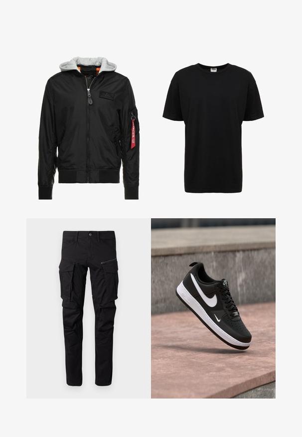 Chaqueta bomber negra con capucha gris, cierre frontal, puños y dobladillo acanalados, y un bolsillo lateral con una etiqueta roja de "Retirar antes de volar".; Camiseta de algodón negra de cuello redondo con mangas cortas, corte estándar, textura suave y sin patrones o acentos visibles.; Pantalones cargo negros de tela duradera, con múltiples bolsillos laterales, un bolsillo con cremallera, perneras ajustadas y costuras reforzadas.; Zapatilla Nike Air Force 1 en blanco y negro suspendida sobre una superficie de concreto rosa con un fondo de piedra gris.