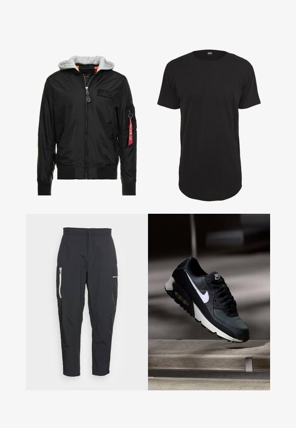 Veste bomber noire avec une capuche grise, fermeture éclair sur le devant, poignets et ourlet côtelés, et une poche latérale ornée d'une étiquette rouge "Retirer avant le vol".; T-shirt noir à manches courtes en coton. Présente un col rond et une coupe droite avec un ourlet arrière légèrement plus long. Texture douce.; Pantalons cargo noirs en tissu léger. Les caractéristiques incluent des poches latérales zippées et un accent texturé sur la cuisse. Coupe ajustée.; Baskets Nike Air Max noires et grises avec un logo blanc, suspendues au-dessus d'une surface en béton sur un fond sombre flou.