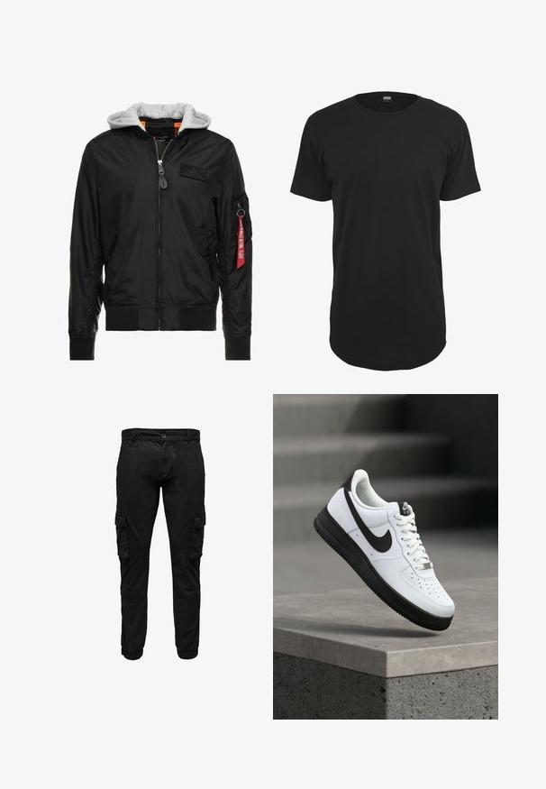 Veste bomber noire avec une capuche grise, fermeture éclair sur le devant, poignets et ourlet côtelés, et une poche latérale ornée d'une étiquette rouge "Retirer avant le vol".; T-shirt noir à manches courtes en coton. Présente un col rond et une coupe droite avec un ourlet arrière légèrement plus long. Texture douce.; Pantalon cargo noir avec poches à rabat latérales, poignets élastiques, fermeture frontale par bouton et fermeture éclair.; Baskets en cuir blanc avec accents noirs, bout arrondi et détails perforés. Semelle en caoutchouc noire avec motif texturé et fermeture à lacets.