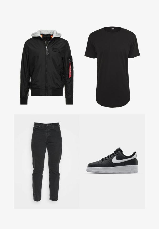 Schwarze Bomberjacke mit grauer Kapuze, Reißverschluss vorne, gerippten Bündchen und Saum sowie einer Seitentasche mit einem roten "Remove Before Flight"-Tag.; Schwarzes T-Shirt mit kurzen Ärmeln aus Baumwolle. Verfügt über einen runden Halsausschnitt und einen geraden Schnitt mit einem leicht längeren Rückenbund. Weiche Textur.; Schwarze Denim-Jeans mit geradem Schnitt, fünf Taschen, vorderem Knopfverschluss und kontrastierenden Nähten. Glatte Textur mit leichten Gebrauchsspuren.; Schwarze Ledersneaker mit strukturierten Oberflächen, weißem Nike-Swoosh, grauer Sohle, runder Zehenpartie und Schnürdesign. Verfügt über Perforationen an der Zehenbox.