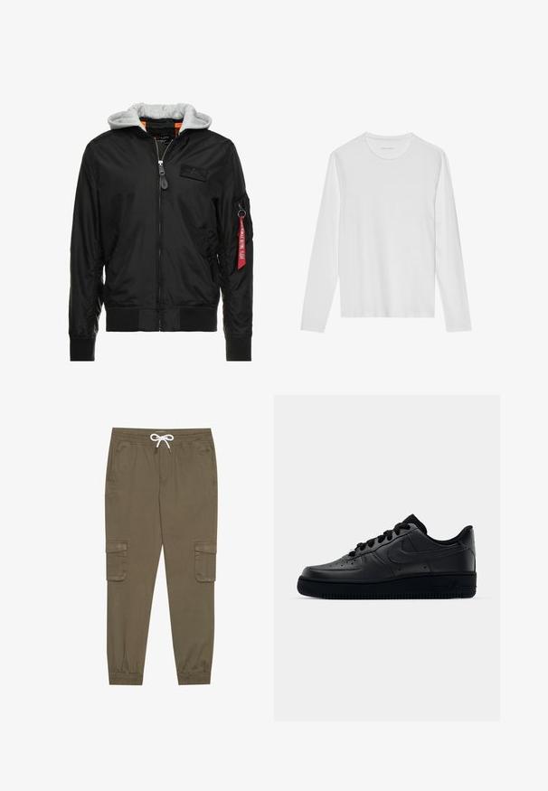 Veste bomber noire avec une capuche grise, fermeture éclair sur le devant, poignets et ourlet côtelés, et une poche latérale ornée d'une étiquette rouge "Retirer avant le vol".; T-shirt blanc à manches longues en coton doux, avec un col rond et une texture lisse sans motifs ni accents visibles.; Pantalons cargo kaki avec une taille élastique et un cordon de serrage, dotés de poches latérales et de chevilles côtelées. Fabriqués en matériau texturé et léger.; Baskets Nike Air Force 1 noires avec un dessus en cuir lisse, bout perforé pour la respirabilité, lacets noirs et semelle en caoutchouc texturé.