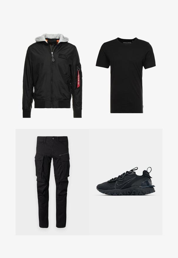 Chaqueta bomber negra con capucha gris, cierre frontal, puños y dobladillo acanalados, y un bolsillo lateral con una etiqueta roja de "Retirar antes de volar".; Camiseta de manga corta negra hecha de algodón, con cuello redondo y una sutil etiqueta de logo en el costado. Diseño simple y versátil.; Pantalones cargo negros de tela duradera, con múltiples bolsillos laterales, un bolsillo con cremallera, perneras ajustadas y costuras reforzadas.; Zapato deportivo negro con una parte superior de malla transpirable, acentos texturizados y una suela de goma ondulada. Presenta un logotipo reflectante y un sistema de cordones.