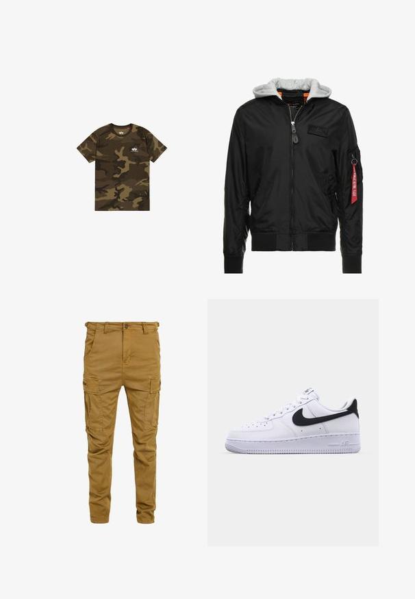 Zwarte bomberjack met een grijze capuchon, ritssluiting aan de voorkant, geribde manchetten en zoom, en een zijzak met een rode "Verwijder voor vertrek" label.; Camo t-shirt in olijfgroen, bruin en zwart, met korte mouwen, ronde halslijn, voorzien van een klein wit logo op de borst. Zacht katoenen materiaal.; Khaki cargobroek gemaakt van stevige katoenmix, met meerdere zijzakken, een knoopsluiting en een iets taps toelopend beenontwerp.; Witte leren sneaker met een gestructureerde zwarte Swoosh, platte veters en een rubberen zool met een geribbeld patroon. "AIR" is in de hak geperst.