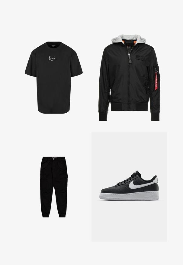 Zwarte bomberjack met een grijze capuchon, ritssluiting aan de voorkant, geribde manchetten en zoom, en een zijzak met een rode "Verwijder voor vertrek" label.; Zwarte katoenen t-shirt met korte mouwen, ronde hals en een witte handtekeninglogo gedrukt op de voorkant. Soepele textuur en een ontspannen pasvorm.; Zwarte cargobroek van katoen, met twee vozakken en twee zijcargozakken, voorzien van elastische boorden en een elastische tailleband.; Zwarte lederen sneaker met een textuur oppervlak, witte Nike swoosh, grijze zool, ronde neus en vetersluiting. Bevat perforaties op de neus.