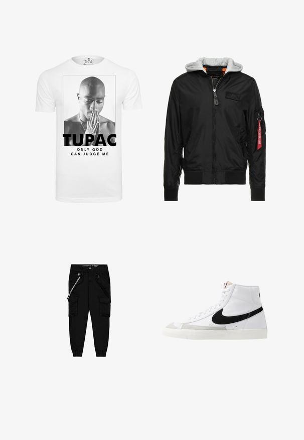 Sort bomberjakke med grå hætte, lynlås foran, ribbede manchetter og kant, samt en sidelomme med et rødt "Remove Before Flight" mærke.; Hvid bomulds t-shirt med en sort-hvid grafik af en mand, der holder hænderne sammen i bøn, med teksten "TUPAC" og "ONLY GOD CAN JUDGE ME."; Sorte cargo bukser lavet af letvægtsstof, med to sidelommer, en elastisktalje og justerbare ankelmanchetter.; Hvide høje sneakers med et sort swoosh, struktureret grå tåhætte og flad hvid sål. Har seks snørrehuller og syede detaljer.
