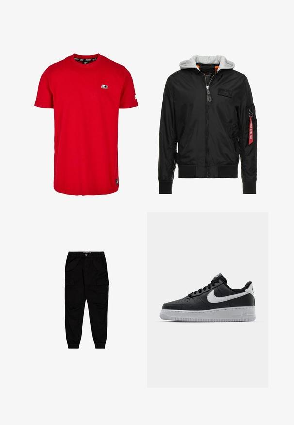 Zwarte bomberjack met een grijze capuchon, ritssluiting aan de voorkant, geribde manchetten en zoom, en een zijzak met een rode "Verwijder voor vertrek" label.; Rode katoenen t-shirt met een ronde hals, korte mouwen en een klein zwart logo op de linkerborst en mouw. Glad, effen kleurstof.; Zwarte cargobroek van katoen, met twee vozakken en twee zijcargozakken, voorzien van elastische boorden en een elastische tailleband.; Zwarte lederen sneaker met een textuur oppervlak, witte Nike swoosh, grijze zool, ronde neus en vetersluiting. Bevat perforaties op de neus.
