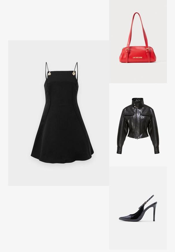 Schwarze, kurz geschnittene Lederjacke mit hohem Druckknopfkragen, Reißverschlusstaschen auf Brusthöhe, langen Ärmeln und Frontreißverschluss mit Druckknopfverschlüssen.; Schwarzes ärmelloses Kleid mit verstellbaren dünnen Trägern, goldenen Hardware-Details und einem ausgestellten Schnitt. Glatte Stoffstruktur.; Schwarzer High-Heel Slingback-Schuh aus Lackleder mit spitzer Zehenpartie und verstellbarer Schnalle mit Markenlogo auf weißem Hintergrund.; Rote Handtasche aus Kunstleder mit verstellbaren Riemen, goldfarbenen Beschlägen und „LOVE MOSCHINO“-Logo, mit einer eleganten, abgerundeten Silhouette.