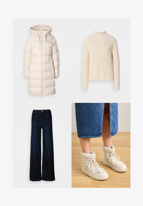 Lys beige pufferjakke med hætte, der har lynlåslukning, sidelommer og vandrette quiltede sektioner til isolering.; Cremefarvet strikket sweater med høj krave, lange ærmer, ribbet tekstur og en afslappet pasform. Har sømløse raglanærmer.; Bredde ben denimjeans i mørkeblå. Har forlommer, guldfarvet hardware og kontrasterende syninger. Glat tekstur med et afslappet design.; Beige ankelstøvler med en blød, strikket kant og hvide snørebånd. Sålen er tyk og struktureret, parret med en blå denimnederdel.