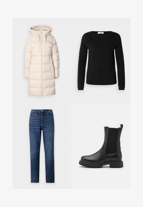 Heledbeige puffer-jakk, millel on kapuuts, lukuga sulgemine, küljetaskud ja horisontaalsed tikitud osad sooja hoidmiseks.; Marc O'Polo LONGSLEEVE ROUND NECK - Džemper - black; Kõrgelt taljes sinised denim püksid sirge säärega, millel on õrn kulumus, ühe nupuga sulgur ja viie tasku disain.; Kohvikad mustad nahast säärised, millel on elastsed külgpaneelid, ümar nina ja robustne tald, millel on väljendunud haardeluu.