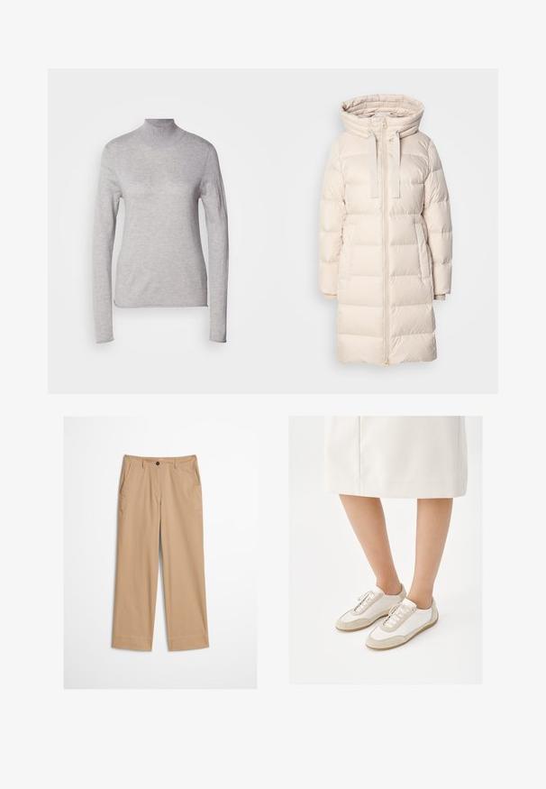 Lys beige pufferjakke med hætte, der har lynlåslukning, sidelommer og vandrette quiltede sektioner til isolering.; Lys grå turtleneck top med lange ærmer, lavet af et blødt strikmateriale. Har et tætsiddende design og ribbet hals. Glat tekstur.; Beige bomuldsbukser med lige ben, knaplukning foran og en glat tekstur. Har standard bærestropper og flad frontdesign.; Person iført hvide sneakers med beige ruskindsdetaljer og en hvid knælang nederdel, stående mod en hvid baggrund.
