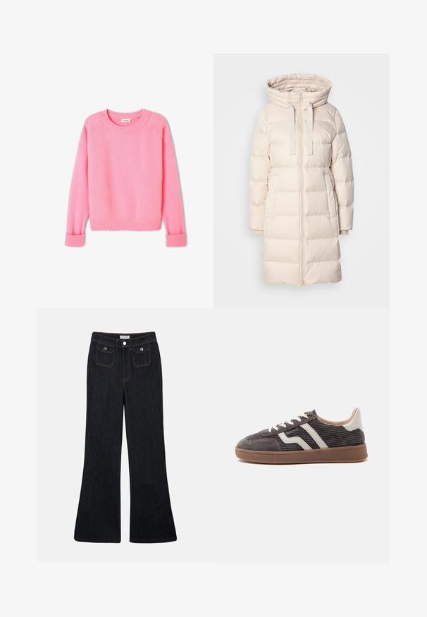 Heledbeige puffer-jakk, millel on kapuuts, lukuga sulgemine, küljetaskud ja horisontaalsed tikitud osad sooja hoidmiseks.; Roosa, pehme muster, millel on ümara kaeluse, soonikkoes varrukad ja alläär. Tekstuur näeb välja karvane ning disain on lihtne ja klassikaline.; Mustad tume denim püksid, millel on kõrge vöökoht, kaks esikot ja oranž õmblus. Materjal näeb välja vastupidav ja sile.; Üksik tumehall toss valgete nahkdetailide, tekstuursete külgede, valgete paelte ja pruuni kummitallaga, näidatud profiilis lihtsal taustal.