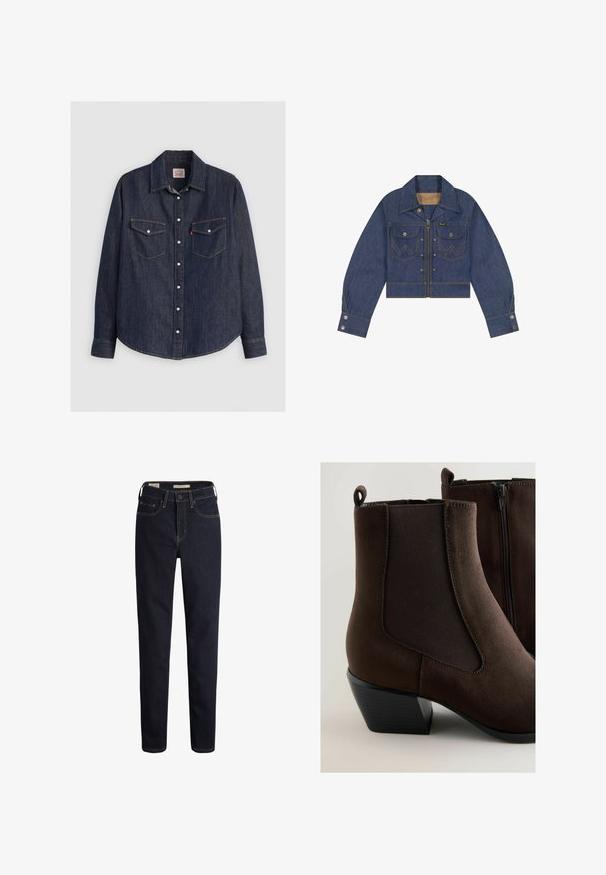 Jeansjacke mit vordem Reißverschluss, zwei Brustklappentaschen mit Knöpfen, geknöpfte Manschetten und kontrastierende Nähte, die ein W-Muster auf den Taschen bilden.; Dunkelblaues Denim-Hemd mit langen Ärmeln, knöpfbarem Frontverschluss, zwei Brusttaschen mit Klappen und kontrastierendem gelben Stich.; Dunkelblaue Jeans mit geradem Schnitt, ausgestattet mit Fronttaschen, einem Reißverschluss und kontrastierenden golden-gelben Nähdetails.; Braune Wildleder-Stiefeletten mit elastischen Seiteneinsätzen, abgenutzter Optik und einem gestuften schwarzen Absatz. Verfügt über einen Reißverschluss für ein einfaches An- und Ausziehen.