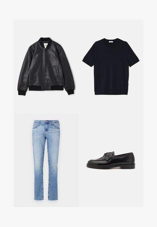 Sort læder bomberjakke med frontlynlås, ribbet krave, manchetter og talje, samt to lodrette åbne lommer på en hvid baggrund.; sandro PABLO TEE - T-shirts basic - noir; Lyseblå denimjeans med lige ben, med knaplukning, fem lommer og let falmning i stoffet.; Sorte læder loafers med rund tå og en dekorativ spændeaccent. Flad, solid hæl og glat tekstur hele vejen igennem.