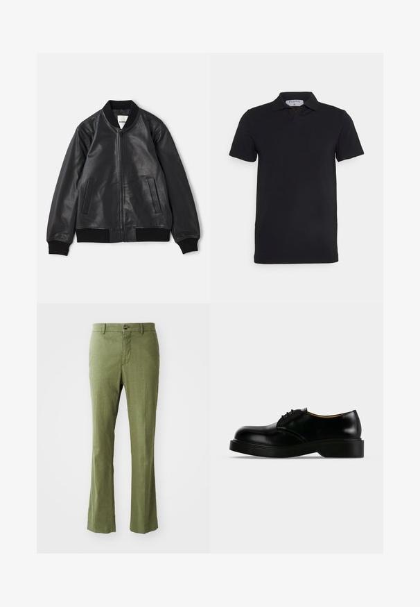 Must musta bomberjacket, millel on ees zipp, ribiga krae, mansetid ja vöökoht ning kaks vertikaalset lõhenenud taskut valgel taustal.; Mustal lühikeste varrukatega polo särk klassikalise kraega, valmistatud siledast kangast. Kaeluses on sildi näol brändinimi 'Filippa K'.; Oliivroheline lina pükste sirge säärega disain, millel on eest nööpide sulgemine ja peen tekstuur. Ilma mustrite ja aktsentideta.; Mustast poleeritud nahast paeltega ametlik king paksu põhjaga, ümar nina ja madala kontsaga, näidatud küljelt tavalisel taustal.