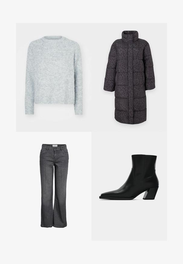 Doudoune imprimée léopard noir et gris avec un col montant, des manches longues et un design matelassé, présentant une coupe droite et une longueur genoux.; Pull léger gris clair avec un col rond, des manches longues et une finition douce et texturée. Aucune motif visible ni détails en matériel.; Jean large en denim gris foncé. Caractéristiques : taille haute, design traditionnel à cinq poches et ourlet net sans embellissements.; Bottine en cuir noir avec un bout pointu, une silhouette élégante et un talon carré massif. Texture lisse avec des détails de couture minimalistes.