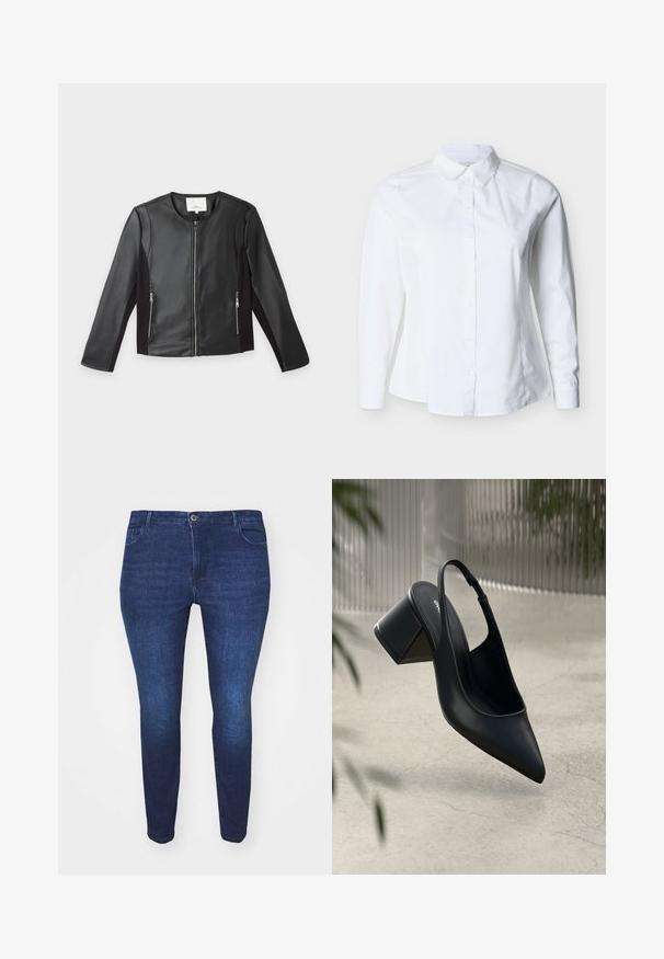 Schwarze Jacke aus Kunstleder mit langen Ärmeln, rundem Ausschnitt, Frontreißverschluss und zwei seitlichen Reißverschlusstaschen, dargestellt vor weißem Hintergrund.; Weißes langärmliges Hemd zum Zumachen mit spitzem Kragen und tailliertem Schnitt vor hellem Hintergrund.; Dunkelblaue Slim-Fit-Jeans aus Denim mit einem Frontknopf und Taschen, von der Front gegen einen weißen Hintergrund gezeigt.; Schwarze Leder-Slingback-Pumps mit spitzem Zehenbereich und Blockabsatz. Glatte Textur, minimalistisches Design und verstellbarer Knöchelriemen.