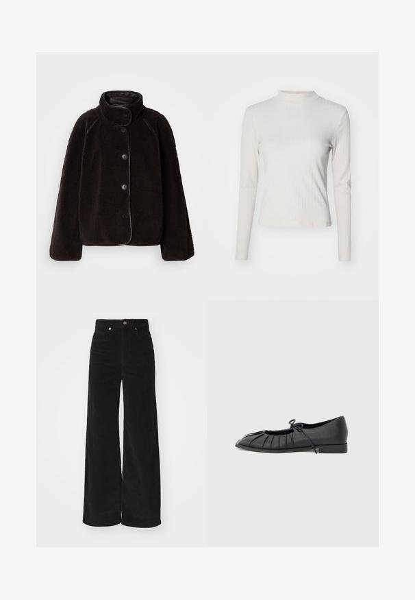 Schwarze Fleecejacke mit hohem Kragen, Knopfverschluss und glatter Innenseite. Verfügt über eine strukturierte Oberfläche und kontrastierende Nähten.; Langärmliges, hellbeiges, geripptes Oberteil mit Stehkragen und glatter Textur, das eine figurbetonte Form und minimale Designakzente aufweist.; Schwarze Cordweitenhose mit hohem Bund, ausgestattet mit zwei vorderen Taschen und einem Metallknopfverschluss. Strukturierter Stoff mit vertikalen Rippungen.; Schwarzer flacher Schuh mit plissiertem Vorderteil und einer gebundenen Schleife oben, niedriger Absatz und glatter Textur auf hellgrauem Hintergrund.