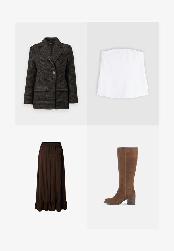 Blazer à carreaux gris foncé à bouton unique avec grands revers et poches à rabat à l'avant, conçu pour une coupe structurée.; Haut bandeau blanc sans bretelles, aux bords droits, posé à plat sur un fond gris clair.; Jupe longue marron foncé avec taille élastique et ourlet à volants, en tissu léger légèrement texturé.; Botte hauteur genou en daim marron avec talon bloc empilé et bout arrondi, vue de côté sur fond blanc uni.