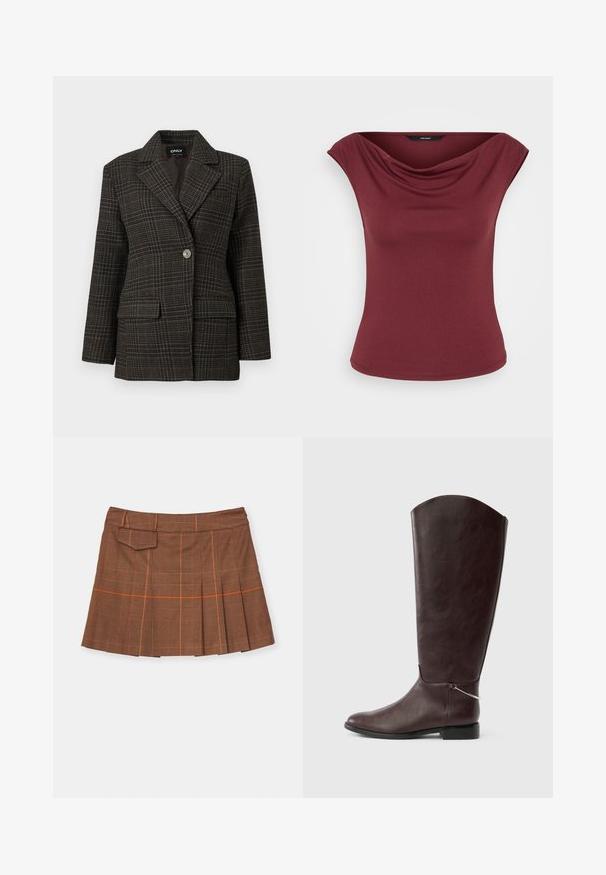 Mørkegrå plaid single-button blazer med brede klapper og frontlommere, skræddersyet til en struktureret pasform.; Ærmeløs burgundy top med draperet halsudskæring og tætsiddende talje, vist mod en ensfarvet hvid baggrund.; Brunternetternet skørt med plisseret design, orange detaljer og en sidelomme. Fremstillet af tekstureret materiale med en tætsiddende talje.; Mørkebrun knæhøj læderstøvle med flad hæl og en lille sølvfarvet dekorationsvedhæng nær anklen på hvid baggrund.