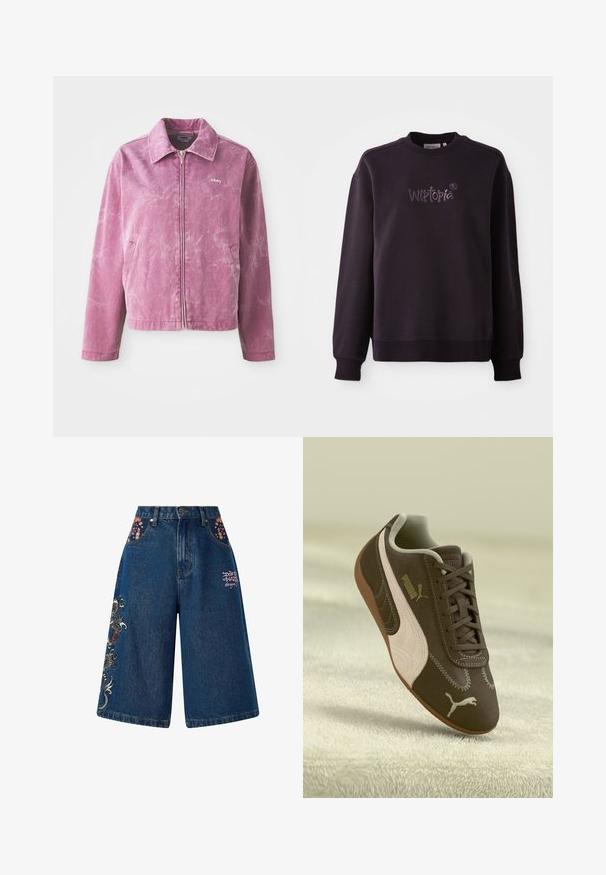 Rosa Jeansjacke mit Kragen, Reißverschluss vorne, zwei Seitentaschen und einer dezenten marmorierten Textur; auf der Brust ist das Logo "obey" zu sehen.; Schwarzer Sweatshirt aus weichem Stoff, mit Rundhalsausschnitt und gerippten Bündchen. Besticktes "Wistopia"-Logo auf der Vorderseite.; Demin-Culottes mit floralen Stickereien auf den Taschen, blauer Stoff, gerade Passform, hohe Taille und pinkfarbene Schriftzüge auf der Vorderseite.; Braune Puma-Sneaker mit beiger Streifen und Logo, geschnürt, auf einer strukturierten beigen Oberfläche ruhend.
