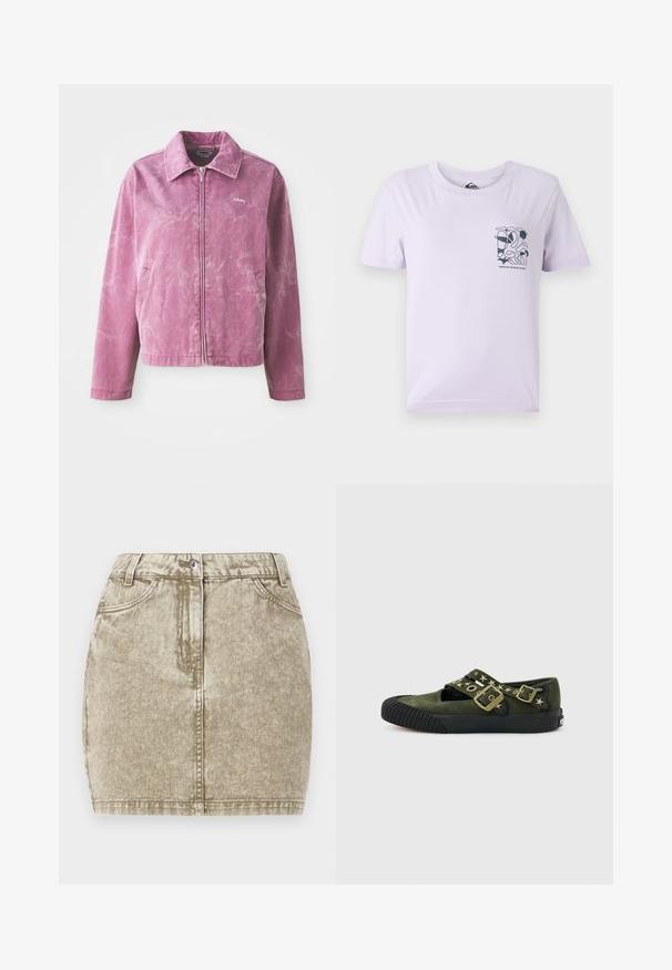 Lyserød denimjakke med krave, lynlås foran, to sidelommer og en subtil marmoreret tekstur; har logoen "obey" på brystet.; Lyse lilla kortærmet t-shirt lavet af bomuld, med et sort abstrakt design og tekst på venstre brystområde.; Khaki denimnederdel med en tekstureret overflade, fem lommer, knaplukning foran og sydekoration langs kanterne.; Olivengrøn ruskind Mary Jane sneaker med sort gummisål, rillet snude, stjerneformede nitter og to stropper med messingspænder.