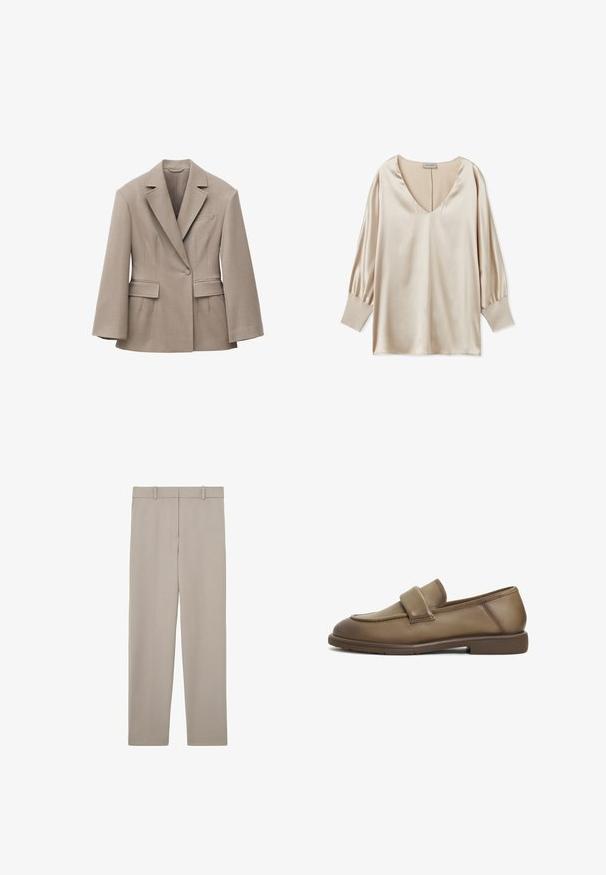 Beige skræddersyet blazer med brede revers, enkelt forreste knap, to lommeklapper og en brystlomme, designet til en struktureret pasform.; Beige satinbluse med dyb V-udskæring, lange puffærmer og tætsiddende manchetter. Glat tekstur og minimalistisk design.; Beige, lige bukser med bæltestropper og et rent, minimalistisk design, vist fladt på en hvid baggrund.; Brune læder loafers med en blød tekstur, der har et bredt strop over vristen og en lav, flad gummisål. Rent, understated design.