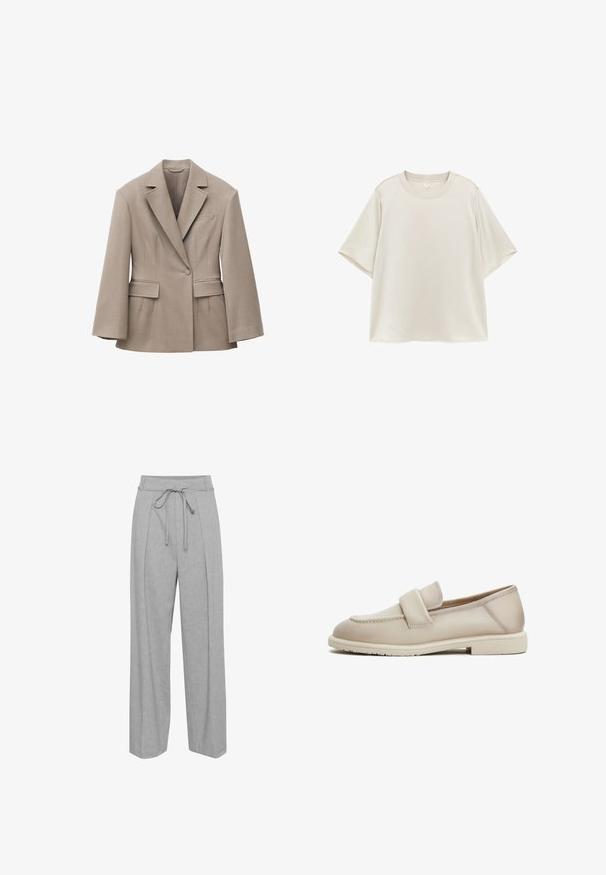 Beige skræddersyet blazer med brede revers, enkelt forreste knap, to lommeklapper og en brystlomme, designet til en struktureret pasform.; Enkelt lysebeige T-shirt med kortærmet rund hals og afslappet pasform, vist fladt på en hvid baggrund.; Grå linned brede bukser med høj talje, udstyret med snørre, folder foran og en blød, struktureret finish.; Beige læder loafers med en jævn tekstur, der har et forhøjet bånd over forgabreren og en lav, flad gummisål.