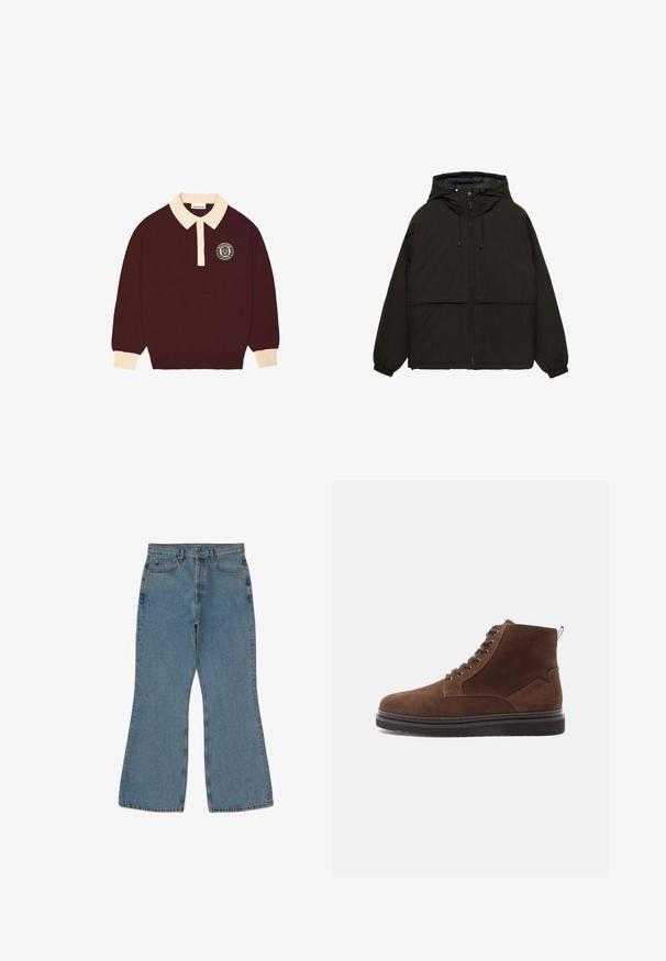 Zwarte gewatteerde jas met een ritssluiting, elastische manchetten en een eenvoudige, gladde textuur. Voorzien van een voorvak en een ontwerp met een losse pasvorm.; Bordeaux lange mouwen polo shirt met een crèmekleurige kraag en manchet, knoopsluiting en een cirkelvormig "Prohibited Berlin" logo op de linkerkant van de borst.; Lichtblauwe spijkerbroek met een flare en hoge taille, zichtbare stiksels en een vijf-pocket ontwerp. De stof heeft een zachte, gestructureerde afwerking.; Bruine suède enkeln boots met een ronde neus, vetersluiting aan de voorkant en een contrasterende zwarte rubberen zool met een gestructureerde grip.