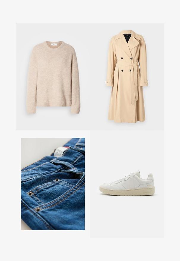 Vaaleanbeige trench-coat, joka on valmistettu sileästä kankaasta. Siinä on kaksirivinen etuosa mustilla napilla, vyöllä varustettu vyötärö ja klassinen kauluspusero.; Vaaleanbeige neulepaita, jossa on pyöreä pääntie, pitkät hihat ja ribbireuna. Pehmeä, teksturoitu kangas, rento malli.; Tummansiniset farkut, joissa on kontrastiväriset oranssit tikkaukset, sisältää taskut ja metalliset niitit taskujen saumoissa. Kankaan tekstuuri on näkyvissä.; Valkoiset nahkakengät, joissa on rei'itetty varvasosa, kontrastoiva beige kumipohja sekä logo-yksityiskohtia sivuilla ja kantapäässä. Minimalistinen muotoilu.