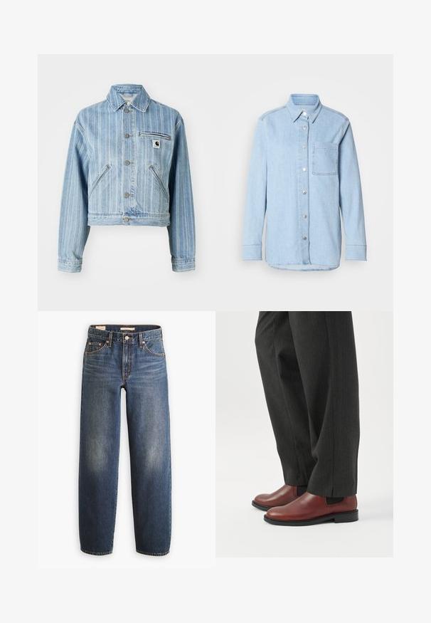 Hellblaues Denim-Jacket mit vertikalen Streifen, taillierter Schnitt, Metallknöpfen, zwei Seitentaschen und einer Brusttasche mit Logo-Patch.; Himmelblaues Denim-Hemd mit Knopfverschluss, spitzem Kragen, einer Brusttasche und langen Ärmeln mit knöpfbaren Manschetten.; Dunkelblaue Jeans aus Denim mit geradem Bein, ausgestattet mit fünf Taschen, Kupfernieten und dezenten Verwaschungen an den Oberschenkeln.; Person trägt dunkelgraue Hose mit geradem Bein und braune Lederschuhe zum Hineinschlüpfen, steht auf weißem Boden.