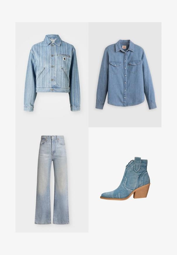 Hellblaues Denim-Jacket mit vertikalen Streifen, taillierter Schnitt, Metallknöpfen, zwei Seitentaschen und einer Brusttasche mit Logo-Patch.; Hellblaues Jeanshemd mit langen Ärmeln, Knopfleiste vorne, zwei Brusttaschen und klassischem Kragen. Glatte Textur und lockere Passform.; Hellblaue, hoch taillierte Jeans mit weitem Bein, vorne mit Knopf- und Reißverschluss, vorderen Taschen und dezenten ausgewaschenen Details.; Blaue Denim-Ankle-Boots mit spitzer Zehenform, distressed Textur und einem blockartigen Holzabsatz. Verfügt über seitliche Schlaufen für ein einfaches Anziehen.