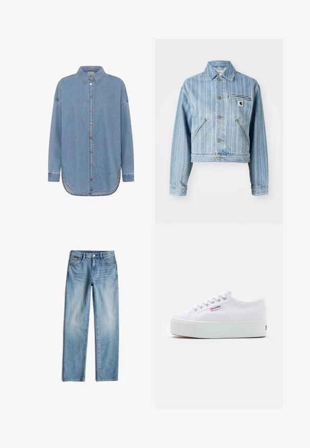 Veste en denim bleu clair avec des rayures verticales, design court, boutons en métal, deux poches latérales et une poche poitrine avec un écusson logo.; Chemise en denim bleu clair à manches longues avec fermeture boutonnée devant, col pointu et ourlet arrondi.; Jean en denim bleu clair avec une coupe droite. Comprend un bouton de fermeture, cinq poches et un léger délavage sur le tissu.; Baskets en toile blanches avec une épaisse semelle plateforme blanche, bout rond et œillets en métal pour les lacets. Logo de la marque affiché sur le côté.