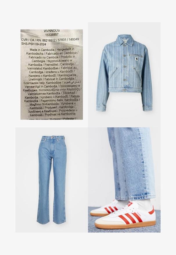 Chaqueta de denim azul claro con rayas verticales, diseño corto, botones de metal, dos bolsillos laterales y un bolsillo en el pecho con parche de logo.; Etiqueta con texto multicolor sobre un fondo de tela clara. Enumera los detalles de fabricación en varios idiomas; indica principalmente "Hecho en Camboya".; Vaqueros de denim azul claro con cintura alta, pierna ancha y dobladillo deshilachado. Presenta un diseño tradicional de cinco bolsillos y cierre de botones metálicos.; Zapatillas de cuero blancas con rayas y detalles rojos. Cuentan con una suela de goma texturizada y un collar acolchado. Llevadas con denim azul claro.
