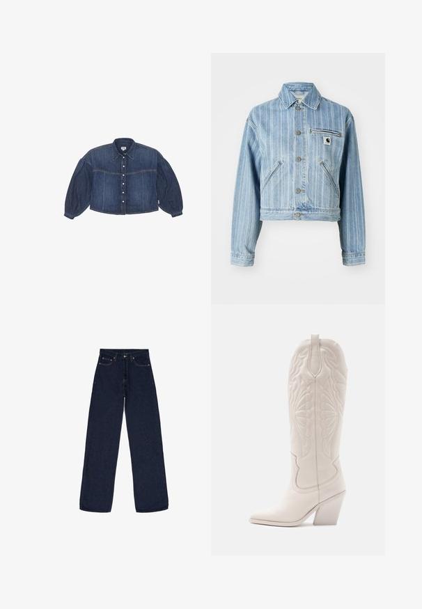 Chaqueta de denim azul claro con rayas verticales, diseño corto, botones de metal, dos bolsillos laterales y un bolsillo en el pecho con parche de logo.; Camisa de denim recortada en azul oscuro con cierre de botones en el frente, cuello puntiagudo y mangas largas abullonadas. Presenta detalles de costura horizontal.; Jeans de pierna ancha de un azul oscuro, confeccionados en denim. Incluyen un cierre de botón, cinco bolsillos y detalles de costura sutiles. Textura lisa.; Bota vaquera de cuero blanco con punta afilada y tacón bloqueado. Presenta patrones de costura intrincados en el caña y una textura suave.