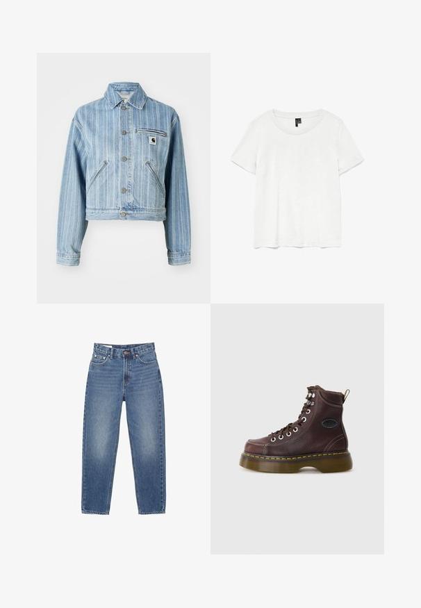 Hellblaues Denim-Jacket mit vertikalen Streifen, taillierter Schnitt, Metallknöpfen, zwei Seitentaschen und einer Brusttasche mit Logo-Patch.; Weißes T-Shirt mit kurzen Ärmeln und rundem Ausschnitt, hergestellt aus leichtem Stoff. Schlichtes Design, glatte Textur und gerader Saum.; Helles blauer Denim-Jeans mit hoher Taille, geradem Bein, fünf Taschen und orangefarbenen Nähten. Angeschnittener Finish auf der Vorderseite.; Braune Leder-Ankle-Boots mit strukturierten Oberflächen, silbernen Ösen und gelben Nähten. Verfügt über eine robuste, transparente Sohle und eine Zuglasche.