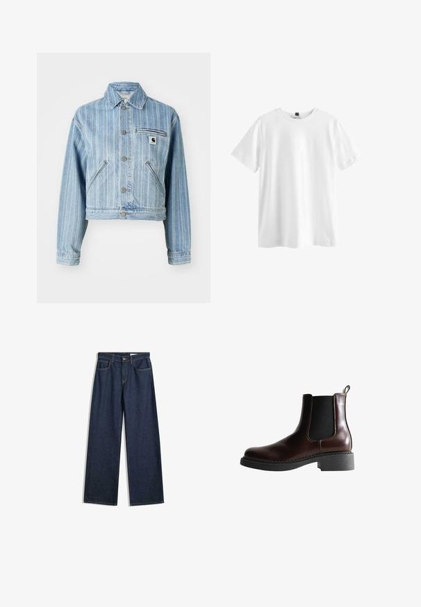 Veste en denim bleu clair avec des rayures verticales, design court, boutons en métal, deux poches latérales et une poche poitrine avec un écusson logo.; T-shirt blanc uni à manches courtes et col rond avec une étiquette noire à l’intérieur du col, présenté à plat sur un fond blanc.; Jean en denim sombre à jambes larges avec cinq poches, coutures visibles et fermeture à bouton. Présente une coupe droite et un léger effet vieilli.; Bottine en cuir marron avec des panneaux élastiques sur les côtés, bout rond et semelle en caoutchouc noir texturé. Comprend des coutures contrastées et une languette.