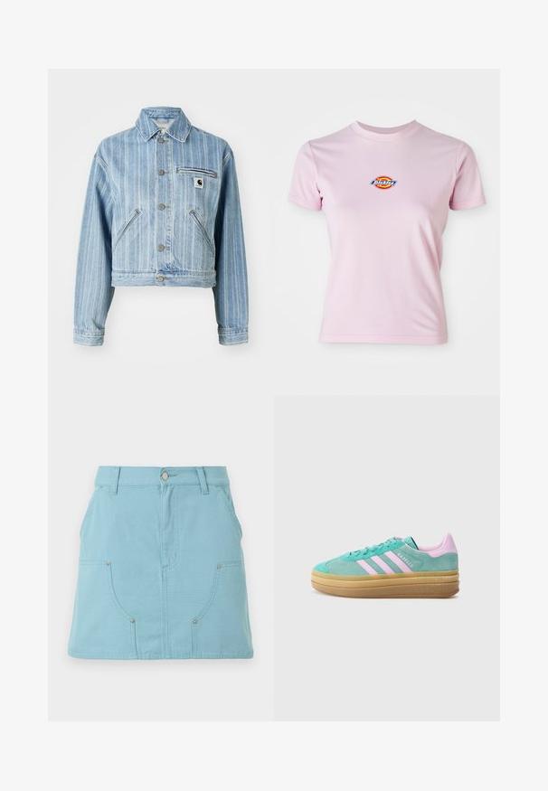 Lichtblauwe denimjas met verticale strepen, verkorte snit, metalen knopen, twee zijzakken en een borstzak met logo-opdruk.; Roze katoenen t-shirt met korte mouwen, ronde halslijn en een klein rond logo in rood, geel en blauw op de borst.; Lichtblauwe A-lijn rok met voorzakken, ceintuurlussen en een knoopsluiting in de tailleband, weergegeven op een witte achtergrond.; adidas Originals GAZELLE BOLD - Sneakers laag - powder teal/bliss lilac/pure teal