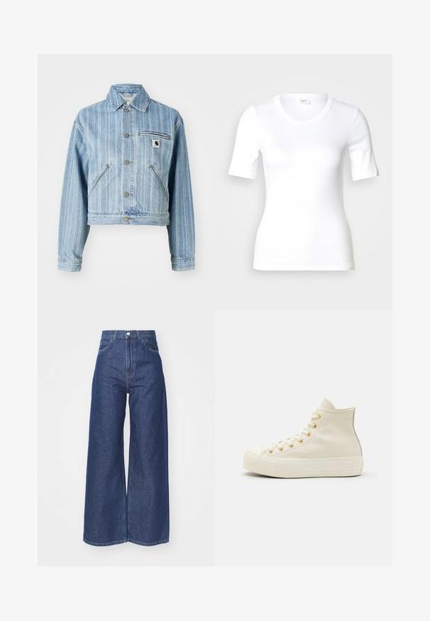 Hele sinine denim jakk vertikaalsete triipudega, lühendatud disain, metallnuppudega, kahe küljetasku ja rinna-taskuga, kus on logotäht.; Valge lühikeste varrukatega T-särk, mis on valmistatud siledast puuvillast, ümar kaelusega ja keha järgiva lõikega. Klassikaline disain, ilma mustrite või aktsentideta.; Laiad püksteotsad tumedast sinisest denimist. Kõrge vöökoht, lukuga ja nööpidega kinnitamine. Omab klassikalist viit taskut ja ääriseid.; Kreemist nahast kõrged spordijalatsid, millel on kullast silmad ja tekstuuriga viimistlus. Omab kummist tallat ja ümarat varvast.