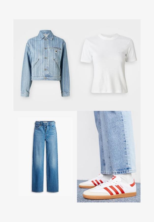 Lichtblauwe denimjas met verticale strepen, verkorte snit, metalen knopen, twee zijzakken en een borstzak met logo-opdruk.; Witte gestreepte t-shirt met korte mouwen, een ronde halslijn en een klein logo op de borst. Gemaakt van zachte stof met een getailleerd ontwerp.; Blauwe spijkerbroek met een hoge taille, wijde pijpen en vijf-pocketstijl. Voorzien van een knopenfly en een vervaagde afwerking.; Witte leren sneakers met rode strepen en accenten. Voorzien van een getextureerde gumrubberen outsole en een gevoerde kraag. Draag ze met lichtblauwe denim.