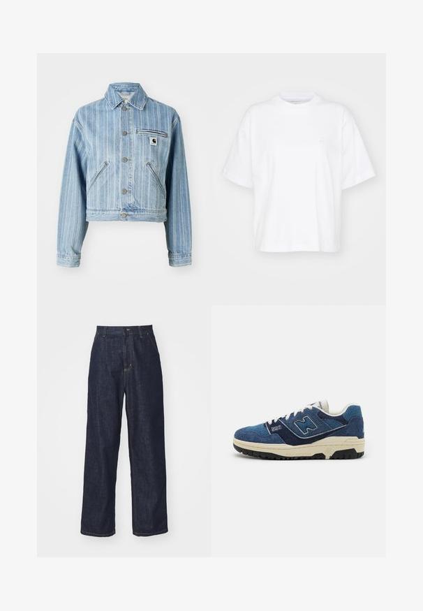 Hellblaues Denim-Jacket mit vertikalen Streifen, taillierter Schnitt, Metallknöpfen, zwei Seitentaschen und einer Brusttasche mit Logo-Patch.; Weißes Baumwoll-T-Shirt mit Rundhalsausschnitt, kurzen Ärmeln und lockerer Passform. Verfügt über ein dezentes Logo auf der linken Brustseite. Glatte Textur.; Dunkelblaue gerade geschnittene Jeans mit Gürtelschlaufen, Frontknopf und Seitentaschen auf einem weißen Hintergrund.; Blaue Wildledersneaker mit kontrastierenden marineblauen Einsätzen, weißen Schnürsenkeln und einer strukturierten schwarzen Gummisohle. Modellnummer "550" auf der Seite angezeigt.