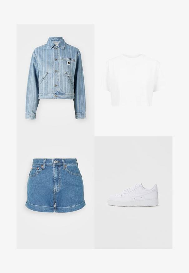 Lys blå denimjakke med vertikale striber, cropped design, metalknapper, to sidelommer og en brystlomme med logo-patch.; Hvid cropped t-shirt, korte ærmer, rund halsudskæring, lavet af blødt stof, uden synlige mønstre eller distinkt hardware.; Højtaljede denimshorts i lyseblå, med rullekant, fem-lommers design og metalknaplukning med kontrastsyninger.; Hvide Nike Air Force 1 sneakers med læderoverdel, rund tå, snørelukning, polstret krave og struktureret gummisål.