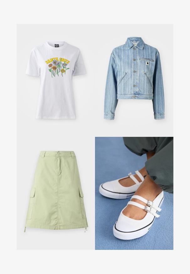 Veste en denim bleu clair avec des rayures verticales, design court, boutons en métal, deux poches latérales et une poche poitrine avec un écusson logo.; T-shirt en coton blanc avec un design floral coloré et le texte "SANTA CRUZ" en jaune, col rond, manches courtes et coupe décontractée.; Jupe en coton vert clair, longueur genou, avec deux poches cargo sur les côtés, une fermeture à bouton et une coupe droite décontractée. Texture unie.; Baskets blanches en toile avec deux sangles ajustables, bout noir et semelle en caoutchouc texturé. Portées avec un pantalon vert ample sur une surface bleue.