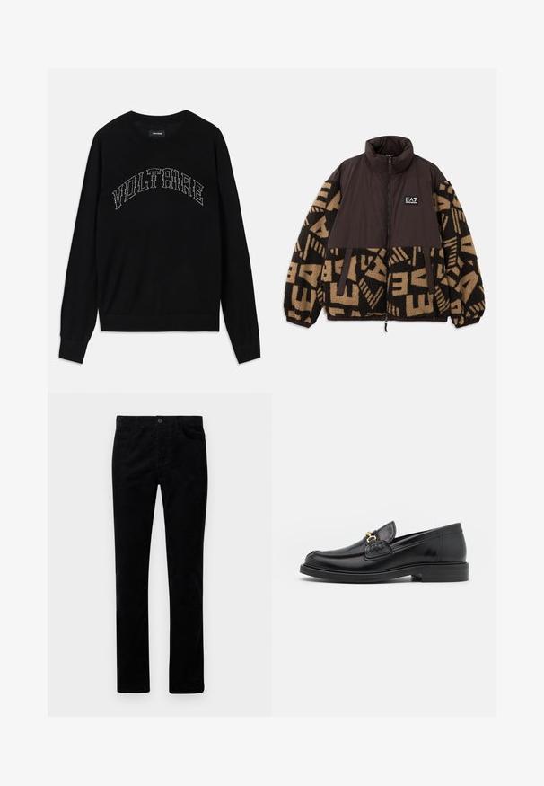 Brun og beige lynlåsjakke med fleece-tekstur, geometriske mønstre på ærmerne, høj krave og brandlogo på brystet.; Sort sweater med rund hals og lange ærmer. "VOLTAIRE" i kontrasterende syning hen over brystet. Blød tekstur og tætsiddende design.; Sorte corduroybukser med lige ben, der har forlommer og metalknaplukning. Blød tekstur med lodrette ribber.; Sorte læder loafers med en rund tå, der har guld hardware accent og syningsdetaljer, placeret på en lav, tekstureret gummisål.